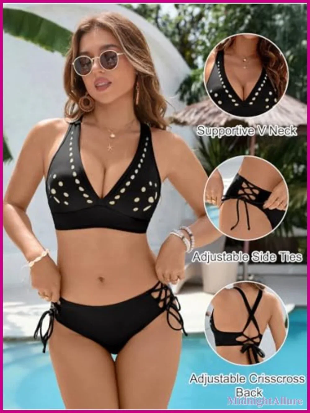 Women's Modest Bikini Set with Lace Up Sides Petal Hollow Cutout Swimwear